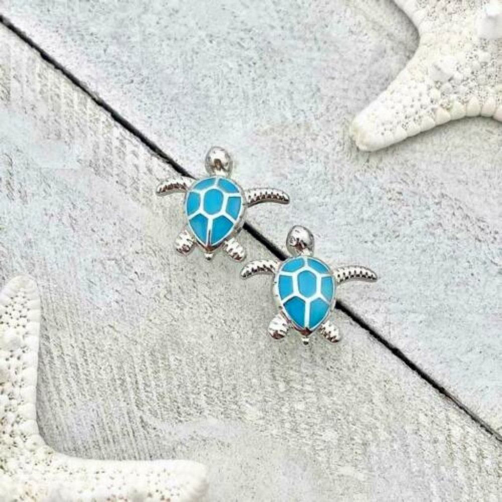 FREE SHIPPING!! Ocean Blue Sea Turtle Silver Stud Earrings Beach